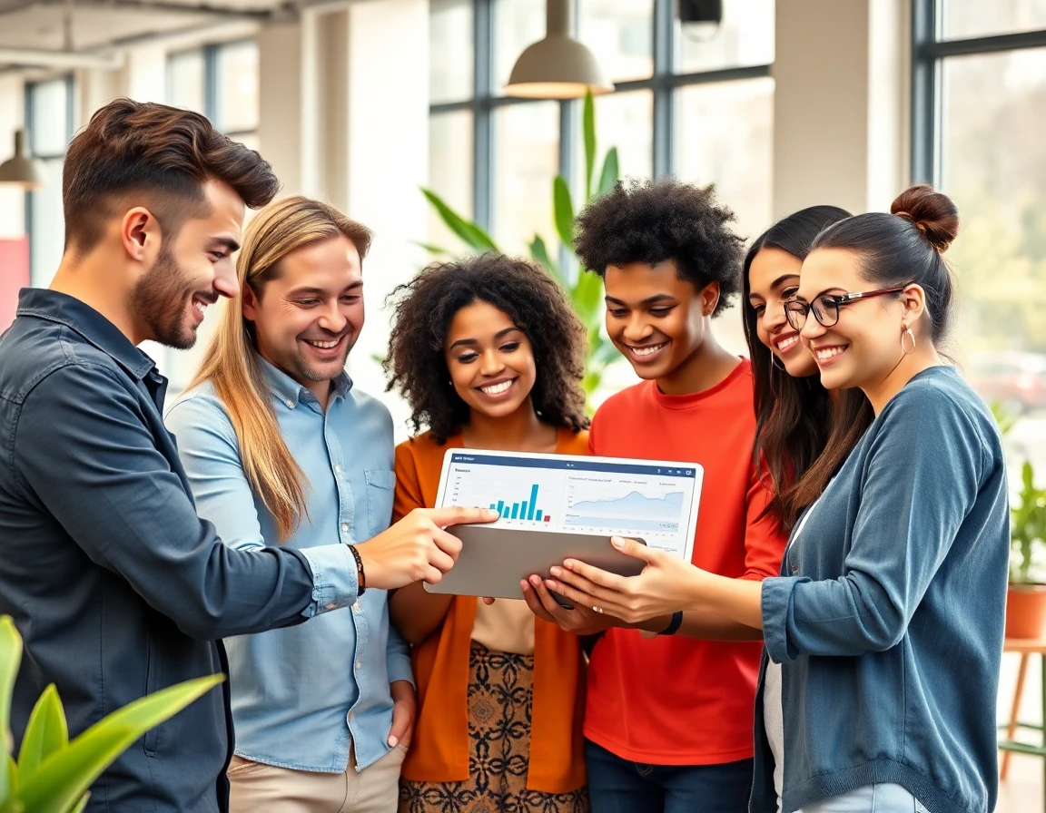 diverse group of young professionals collaborating on financial data with tablet