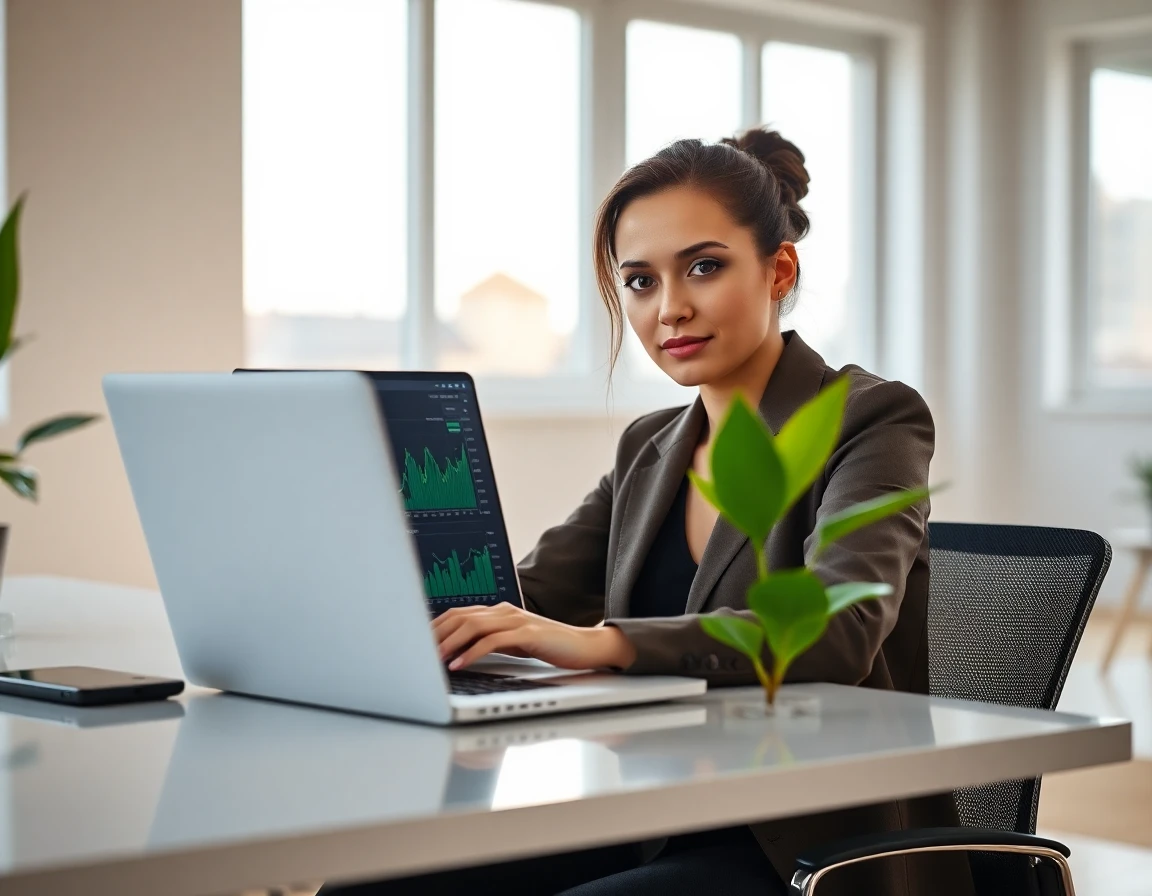 young woman working on financial graphs at bright minimalist desk, focused expression