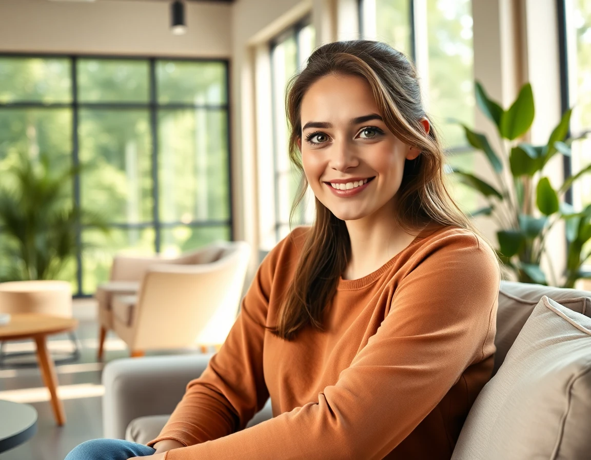 young woman in bright lounge area for client testimonial